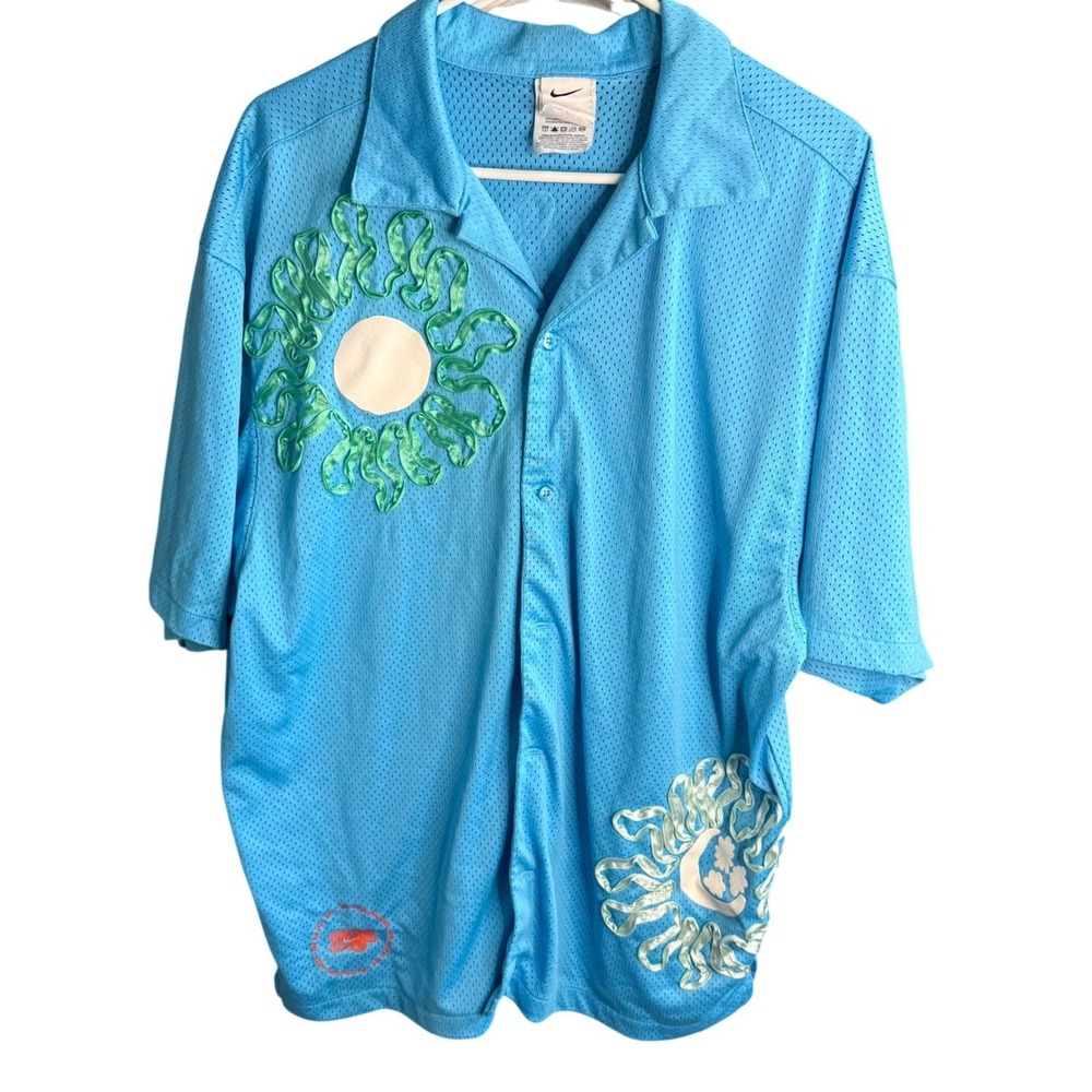 Nike Dri-FIT Mesh Button Up Shirt Blue Sun Ribbon Applique Mens Large